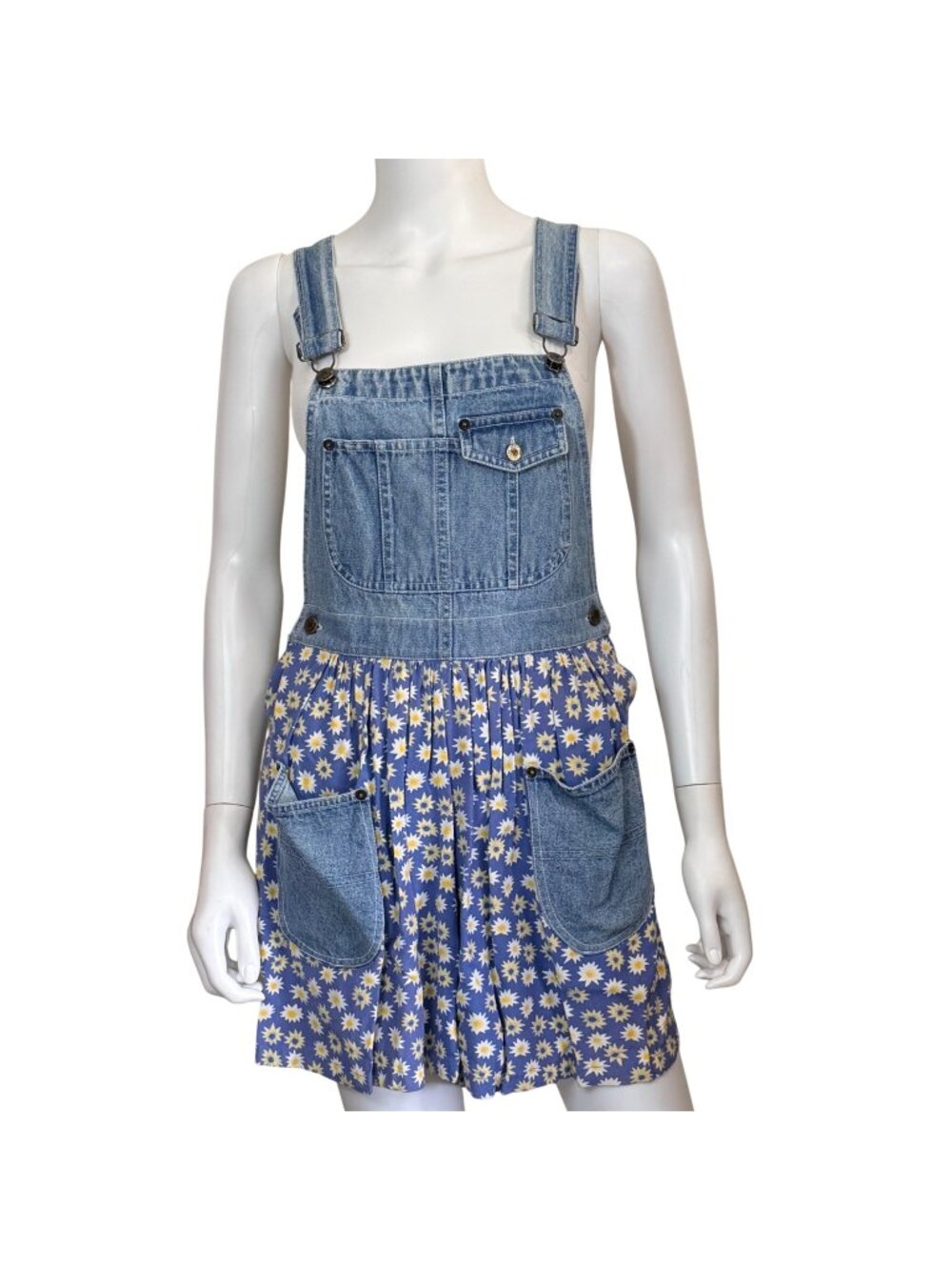 VINTAGE 90s Arizona Denim Floral Pinafore Dress / Daisy Print Mixed Media Jumper